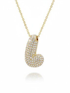 Gold Initial L Bubble Letter Necklace Pavé Crystal Pendant Box Chain‎ New